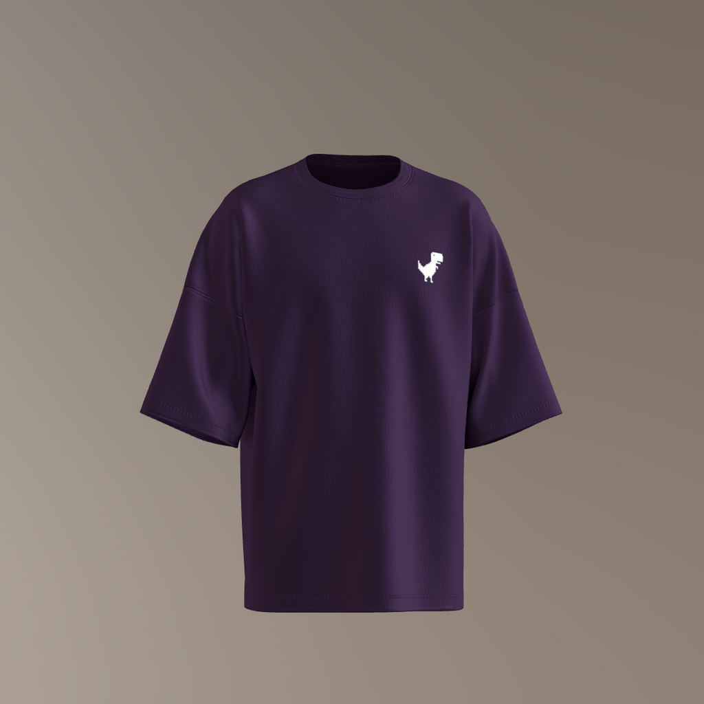 Purple t-shirt with a small white logo on a beige background