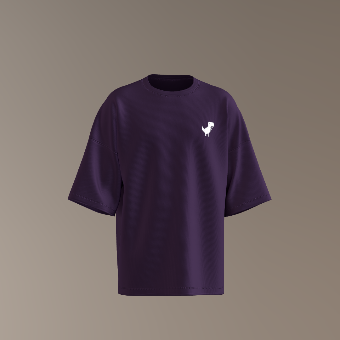 Purple t-shirt with a small white logo on a beige background