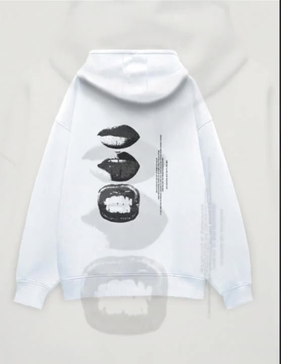 Beige Black Simple Minimalist Model Lips Art Printed Unisex Hoodie